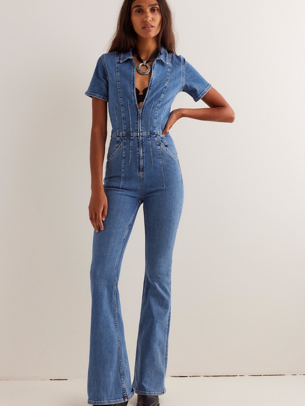 Free People Blue Denim Short-Sleeve Flared Jumpsuit